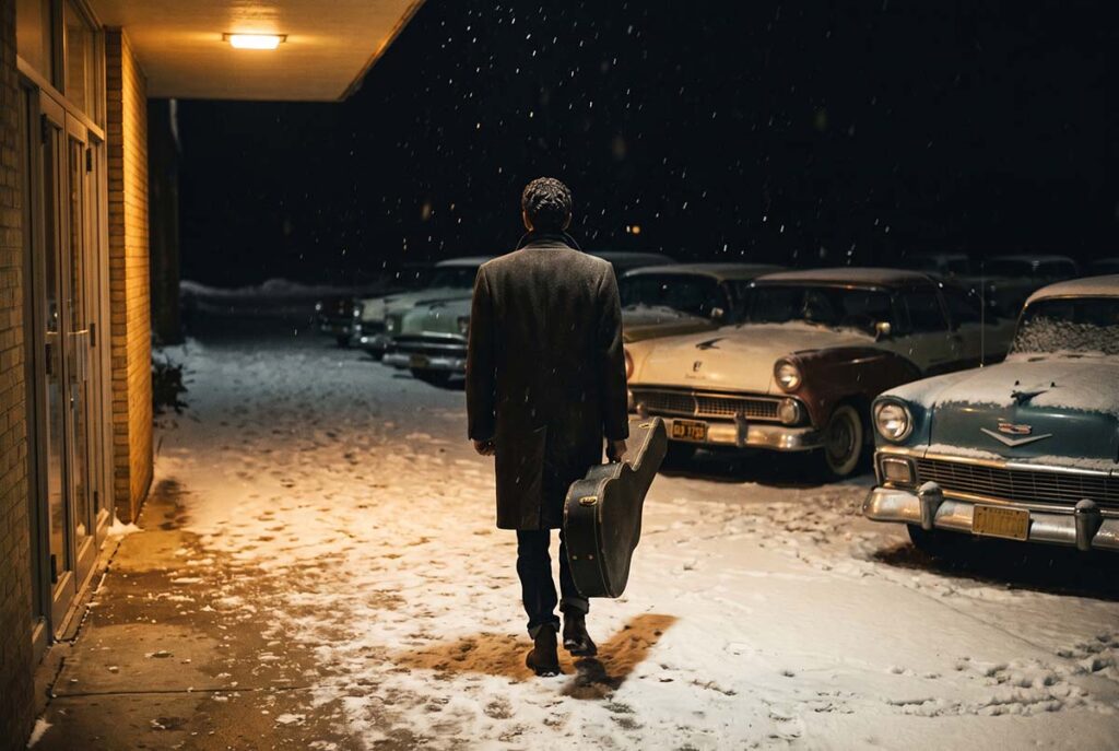 Buddy Holly walks from the Surf Ballroom into the Iowa winter before the fatal February 1959 flight.