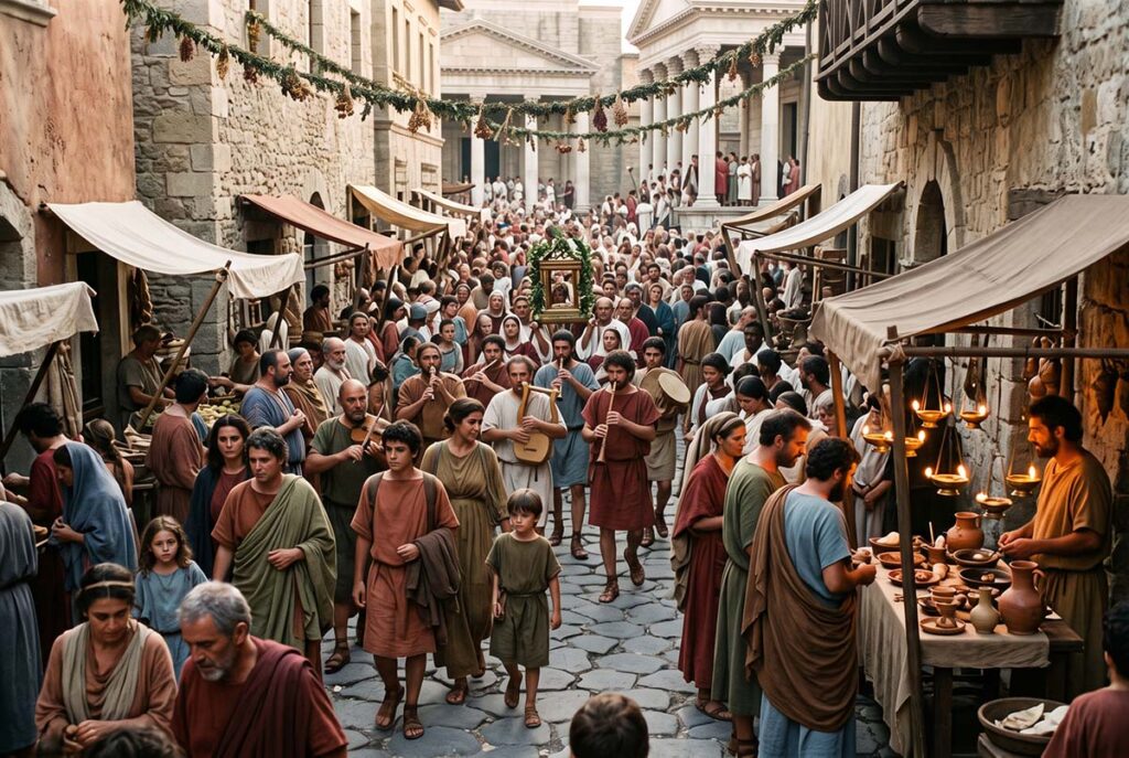 Roman festival crowd shows religion, music, spectacle and civic life occupying the same ritual world