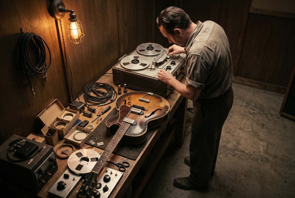 Les Paul in a late-1940s studio layering guitar parts with an Ampex tape machine as recorded sound becomes editable