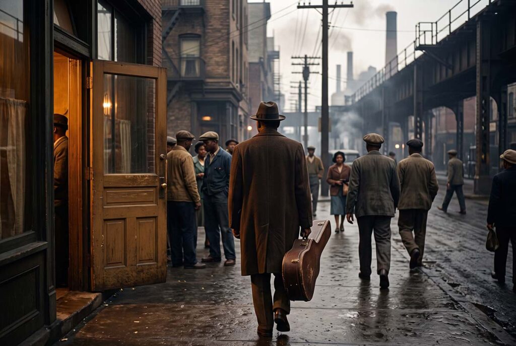 Black musician enters industrial Chicago as migration and urban noise reshape the physical environment of blues.