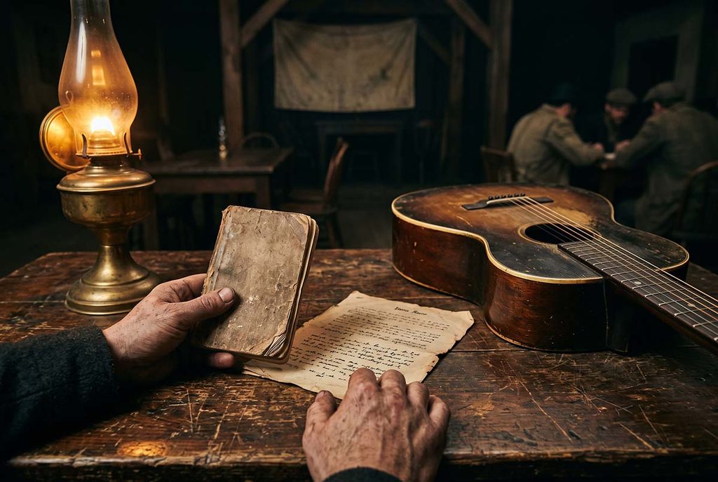 A labor songbook and acoustic guitar show how Joe Hill turned familiar melodies into a worker distribution network.