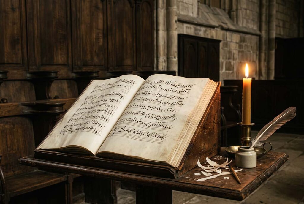 Fourteenth-century mensural notation on parchment represents Ars Nova changing the organization of musical time.