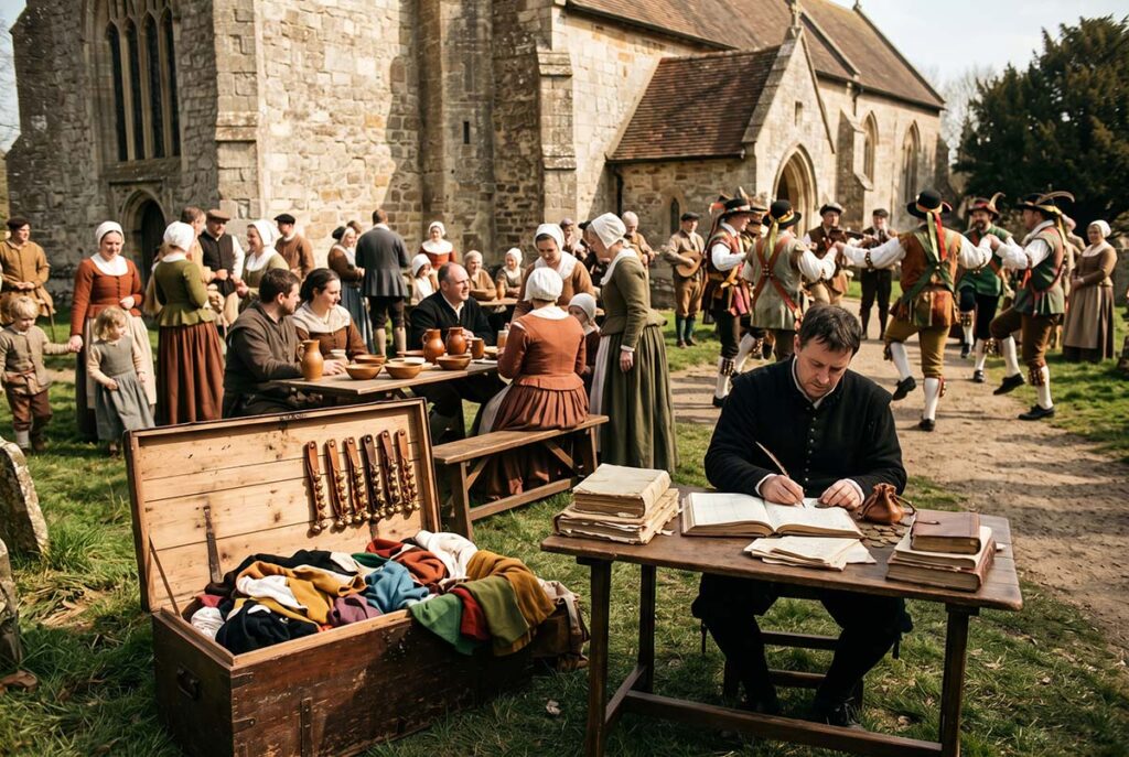 Tudor parish churchyard with Morris dancers, bells and parish equipment showing festivity embedded in church life