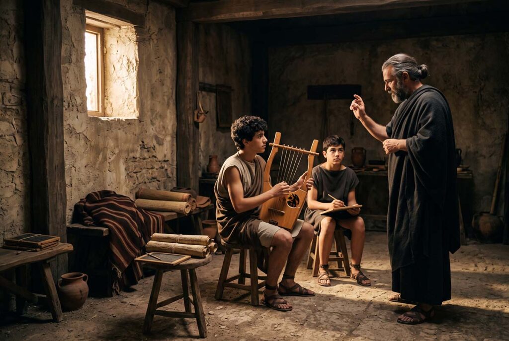 Ancient Athenian civic music lesson with lyre, tablets and students showing mousikē as education.