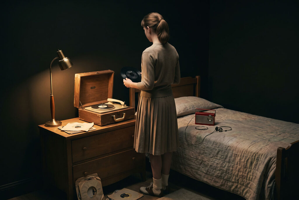 A teenager uses a 45 rpm record and transistor radio to create a private listening world in the late 1950s.