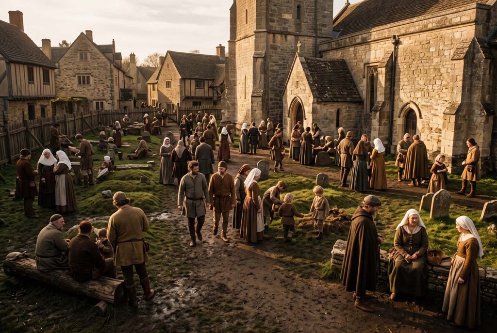 Busy thirteenth-century English churchyard serving as cemetery, gathering place, and communal social space.