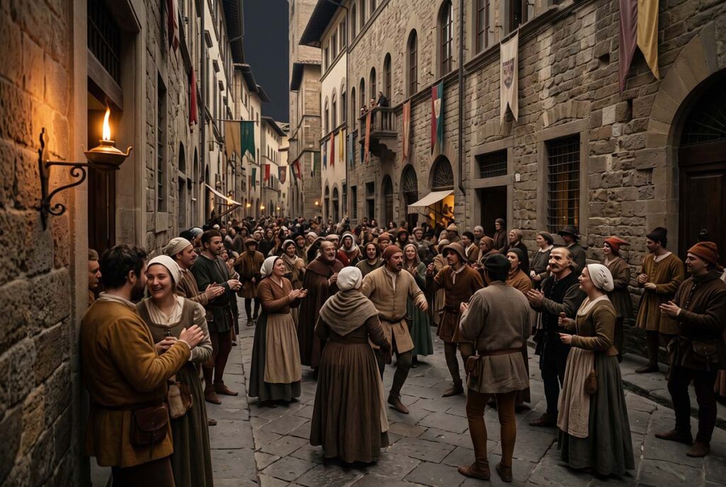 Carnival crowds fill a Florentine street before Savonarola redirects the city's public rituals