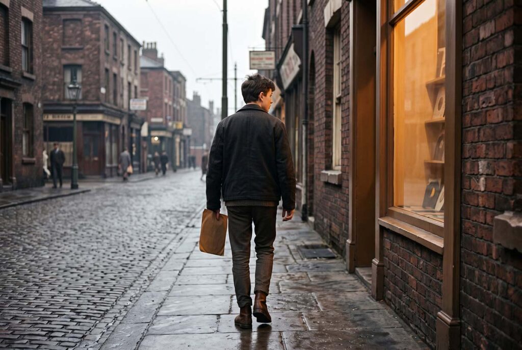 British teenager carrying an imported American R&B record through Liverpool during the early-1960s shadow supply chain