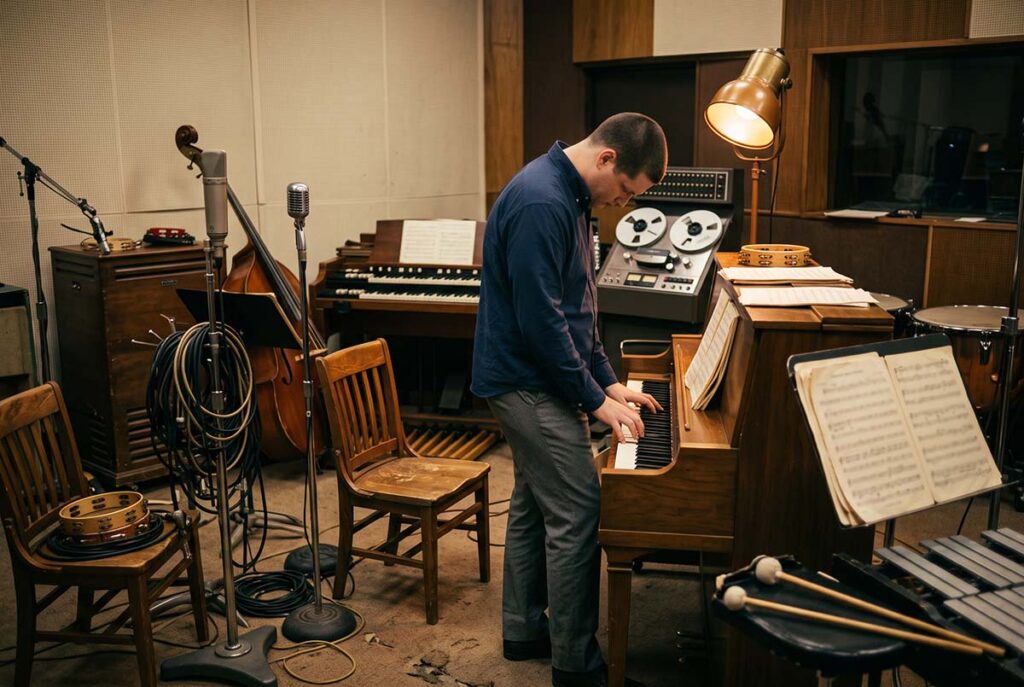 Brian Wilson in a 1966 Los Angeles studio surrounded by instruments used to construct album-scale arrangements