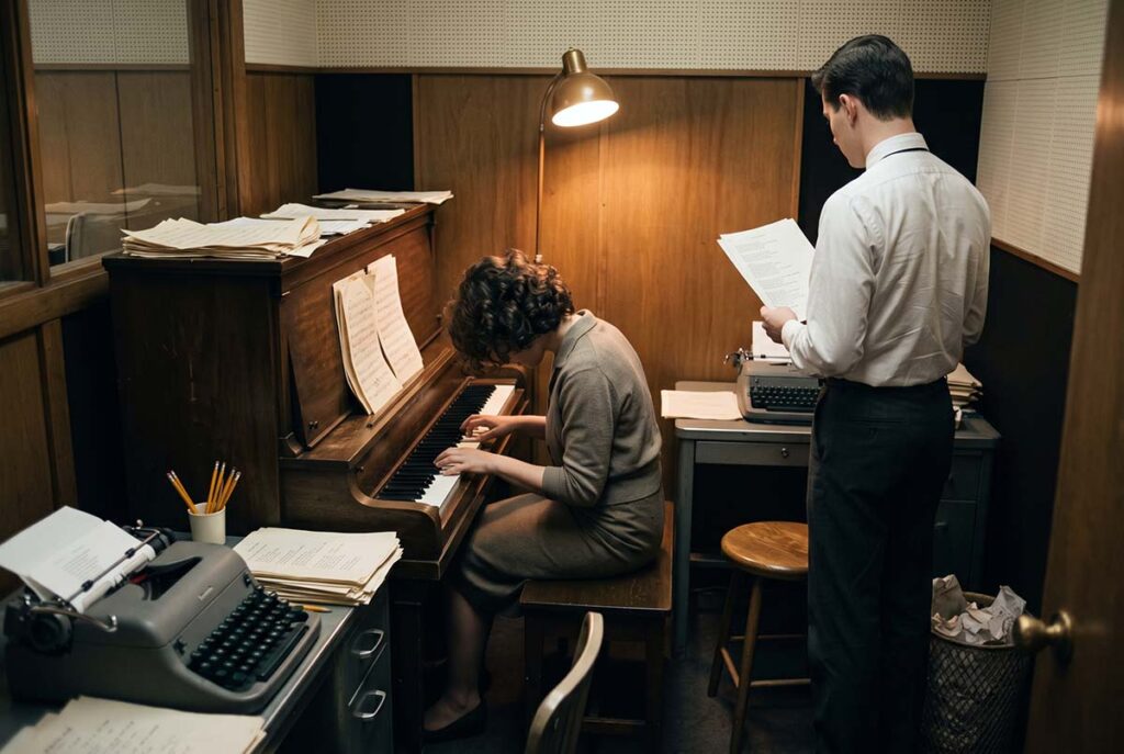 Young songwriters work at Aldon Music, 1650 Broadway, inside the early-1960s professional pop system.