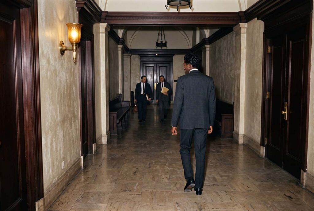 Chuck Berry walks a federal courthouse corridor during the Mann Act prosecution that reshaped his career.