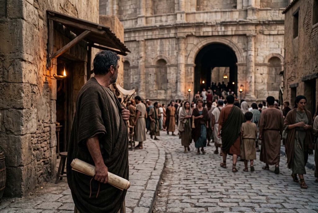 Tertullian stands apart from crowds entering a Carthage theater as Roman spectacle becomes a question of allegiance