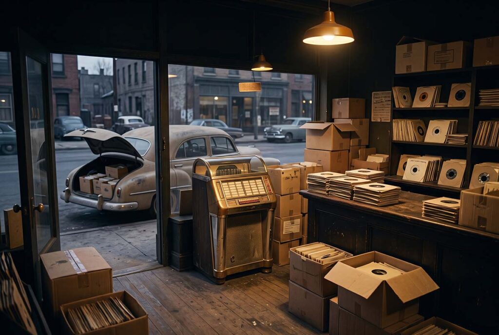 1950s independent record distribution through jukeboxes, local shops, paper sleeves, and small regional channels