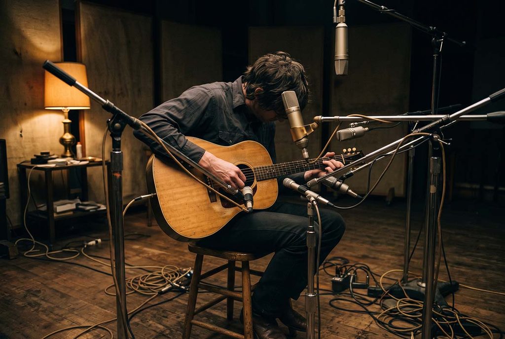 Vintage microphones capture Fred Carter Jr.’s guitar and rhythmic breathing during The Boxer session