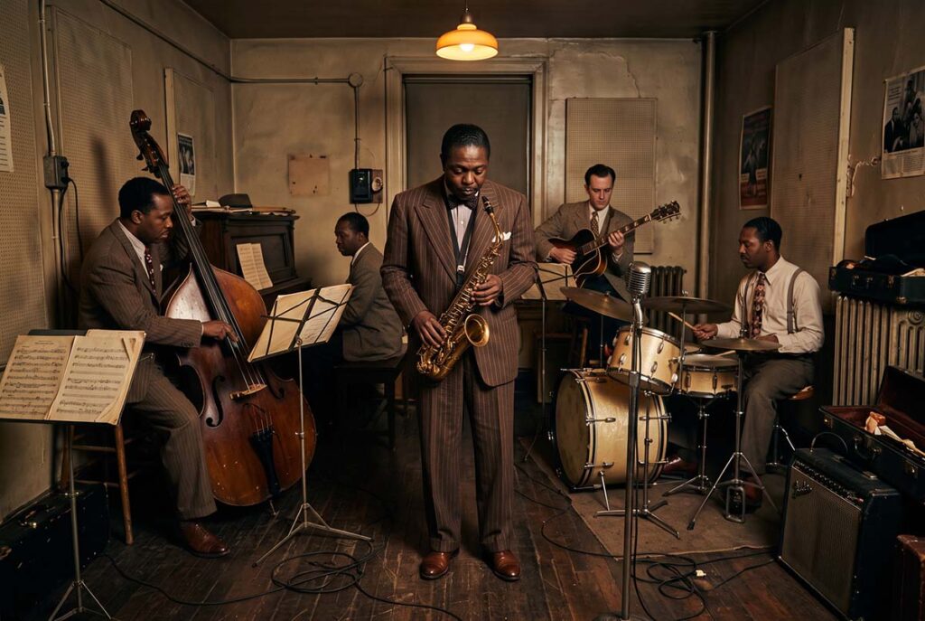 Louis Jordan and a compact jump-blues ensemble showing the small-band architecture later inherited by rock