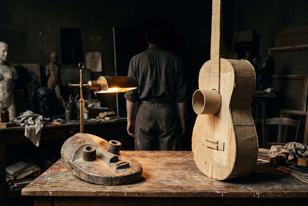 Grebo mask with projecting eyes beside Picasso’s Guitar and its outward-projecting sound hole