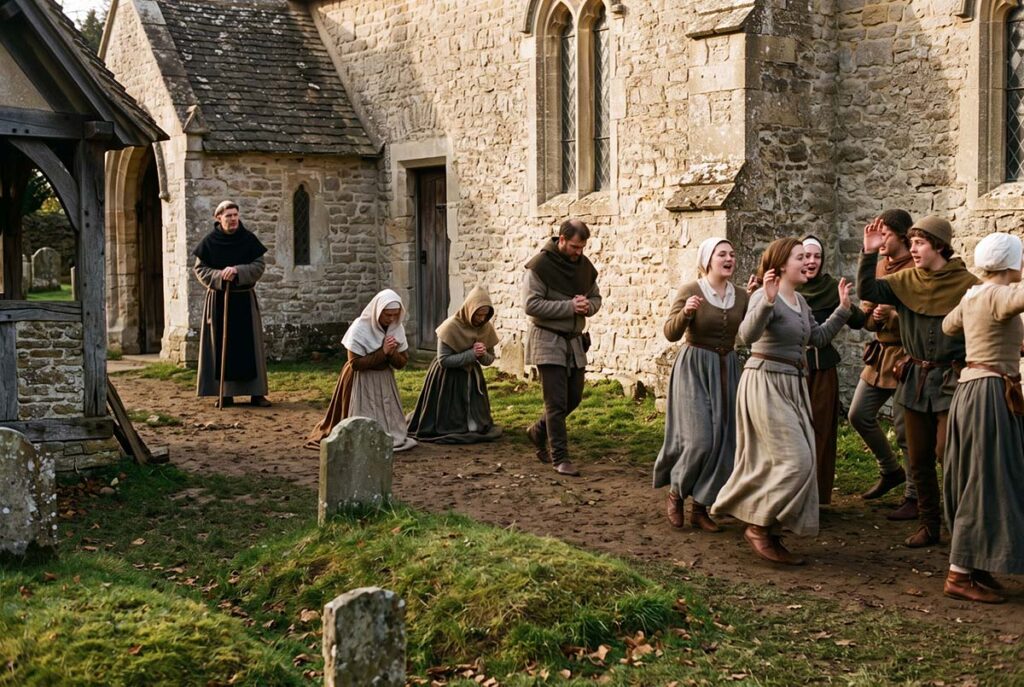 Medieval parishioners move and sing beside restrained devotional gestures in a thirteenth-century churchyard.