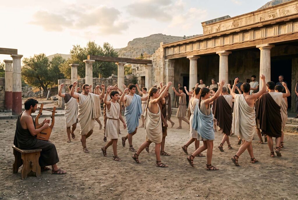 Spartan citizens practice choral music and movement, showing civic discipline alongside artistic culture.