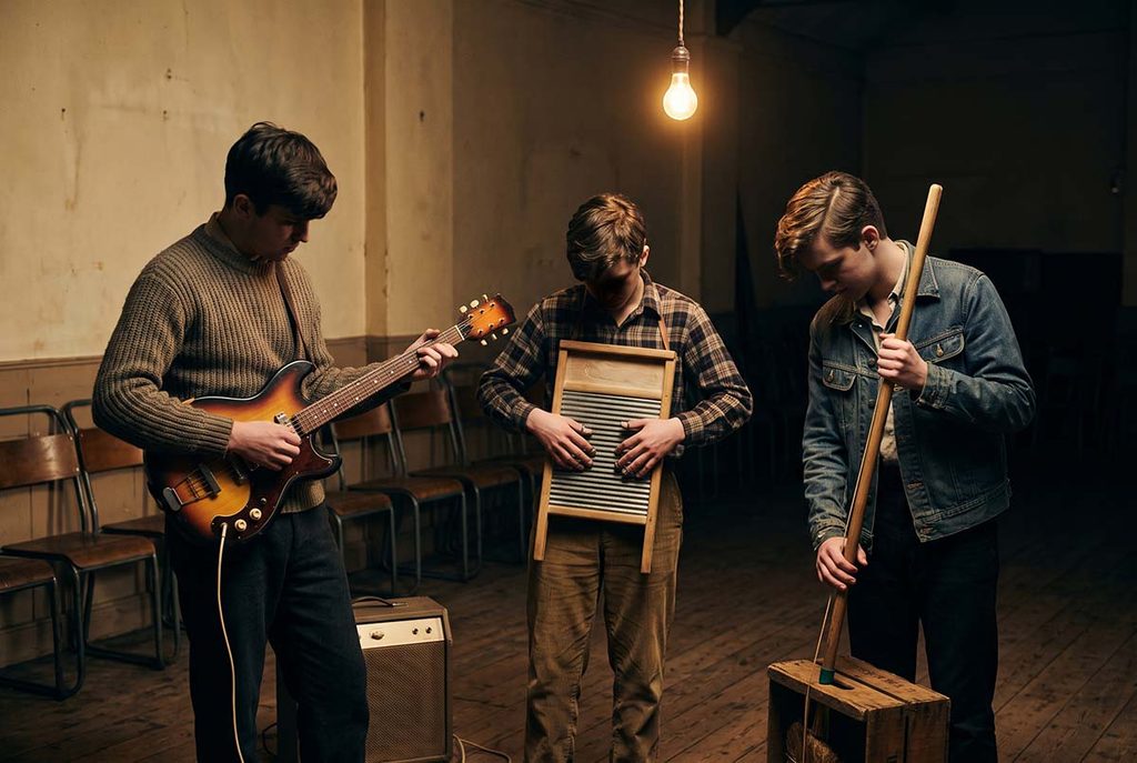 British teenagers rehearse skiffle with a cheap guitar, washboard and tea-chest bass during postwar austerity.