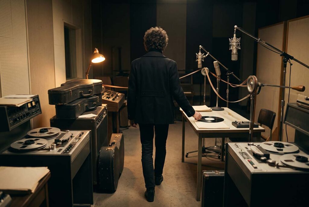 Bob Dylan walking through a 1966 studio as recording tape and an LP suggest the expanded duration of album-scale writing