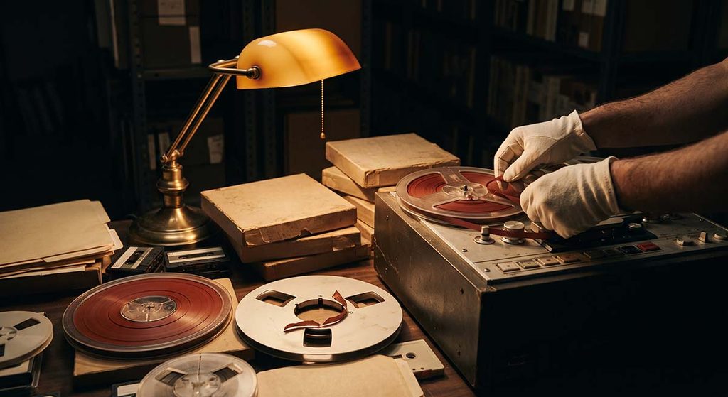 Archivist threads a surviving Hendrix safety copy beside an incomplete master reel during partial restoration
