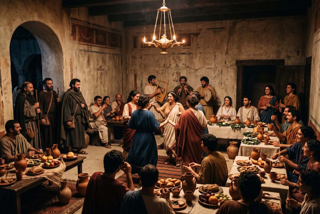 Fourth-century Christian wedding in Laodicea with dancing and musicians as clergy withdraw from the entertainment