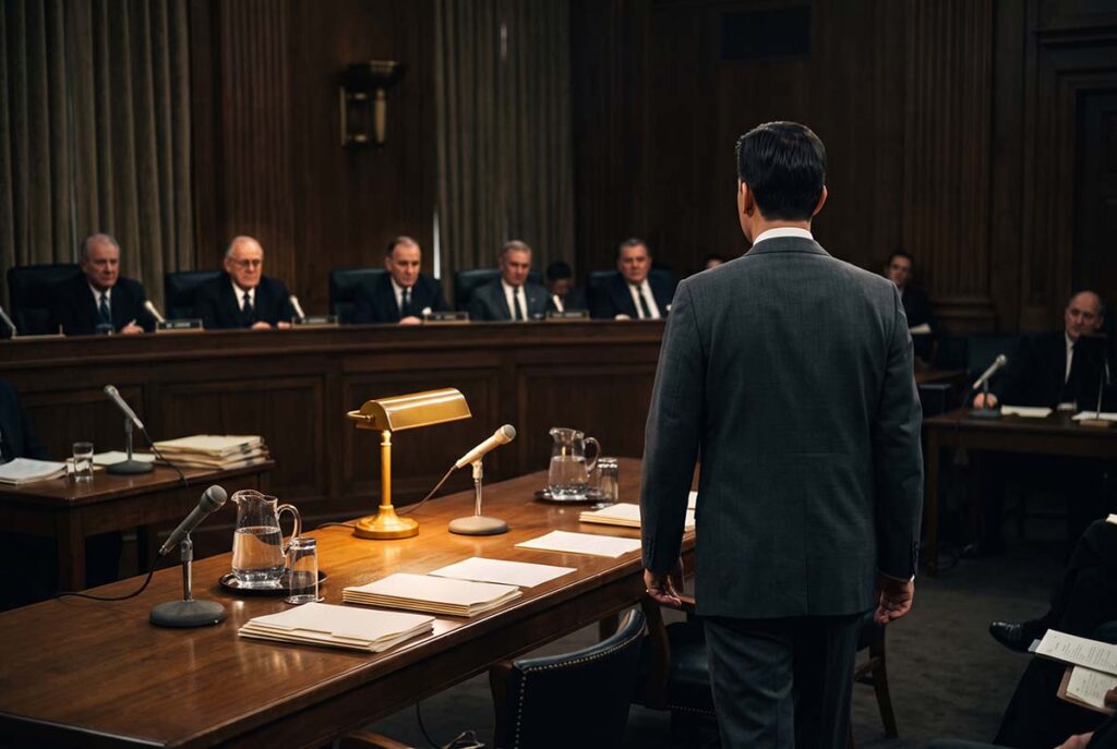 Dick Clark approaches a 1960 congressional witness table during the payola investigation.