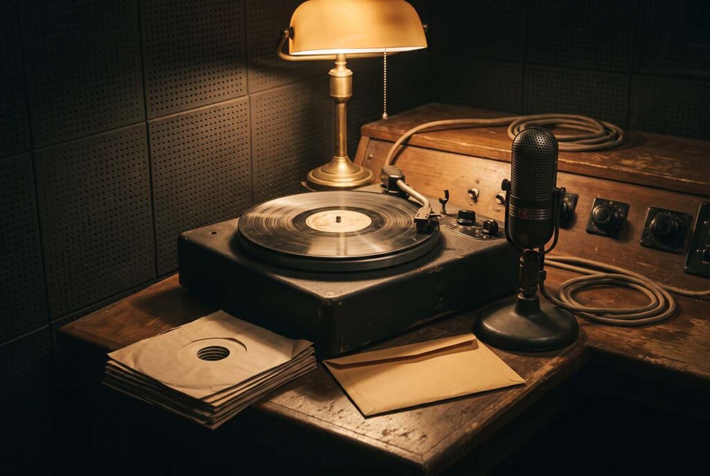 Early-1950s radio booth with turntable, microphone, record stack, and plain envelope illustrating payola and airplay access