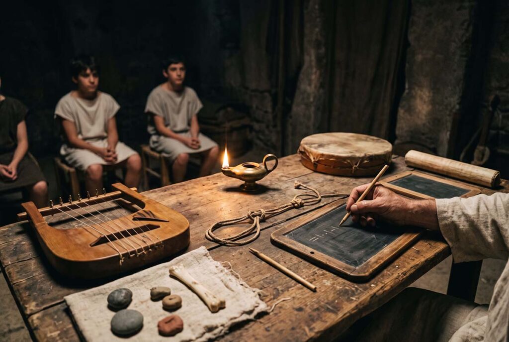 Lyre, rhythm tools and wax tablets evoke ancient Greek theories connecting musical ethos with character.