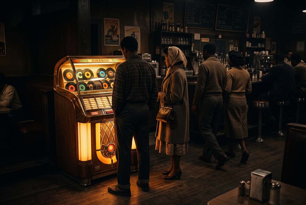 An early-1950s jukebox in a Black neighborhood business representing R&B distribution outside the major labels