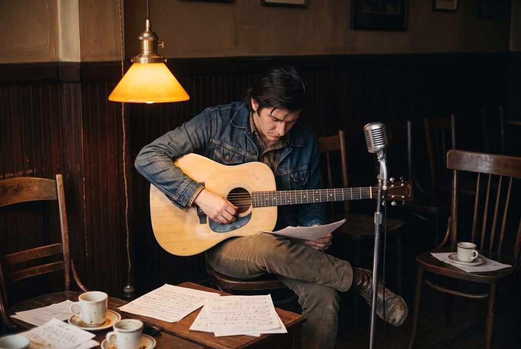 Phil Ochs studies song notes in a 1964 Village coffeehouse, reflecting his role as a topical singing journalist.