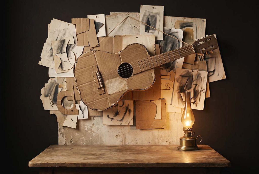 Picasso’s cardboard Guitar above a recovered tabletop, forming a wall-mounted spatial still life