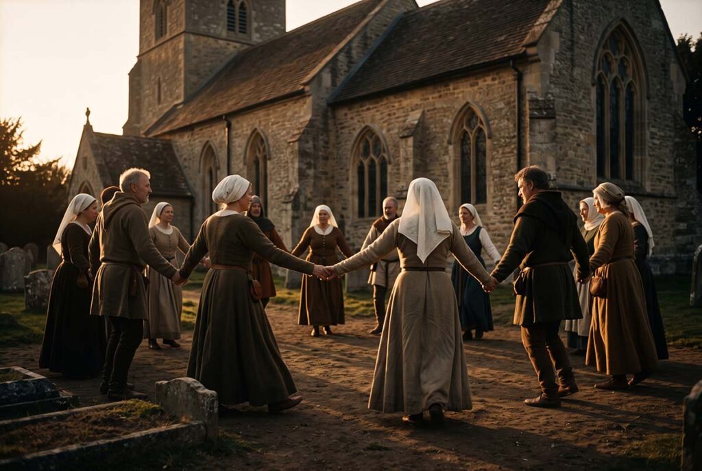 Linked-hand medieval chorea brings communal dancing and physical contact into a consecrated churchyard.