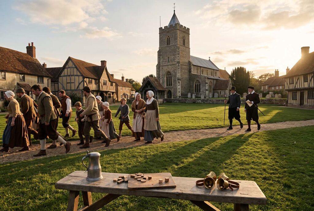 Early Stuart Sunday recreation interrupted as townspeople leave a village green under local religious supervision