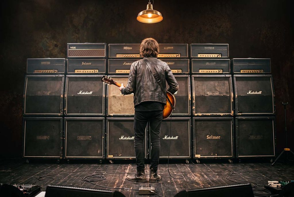 Guitarist faces a towering 1960s amplifier wall as amplified volume becomes a claim to public space.