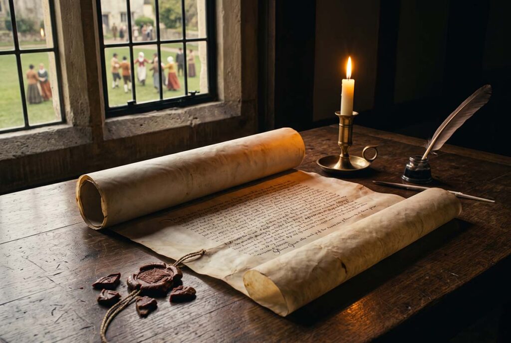 A 1633 royal proclamation links the Book of Sports to Sunday recreation visible outside an early Stuart chamber
