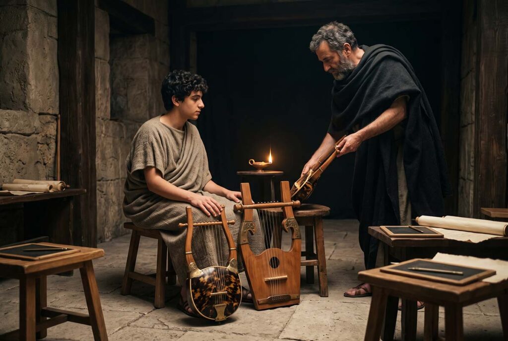 Guardian student receives a controlled lyre lesson reflecting Plato's political curriculum for musical education.