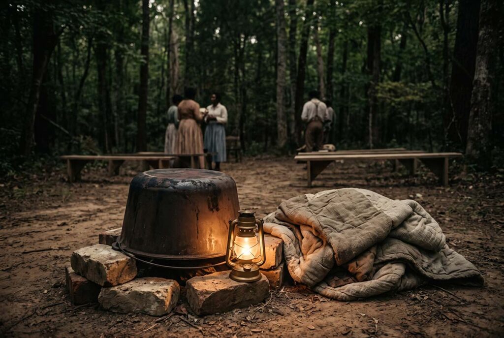 Inverted iron pot and damp quilts illustrate improvised acoustic containment used during secluded Black worship.