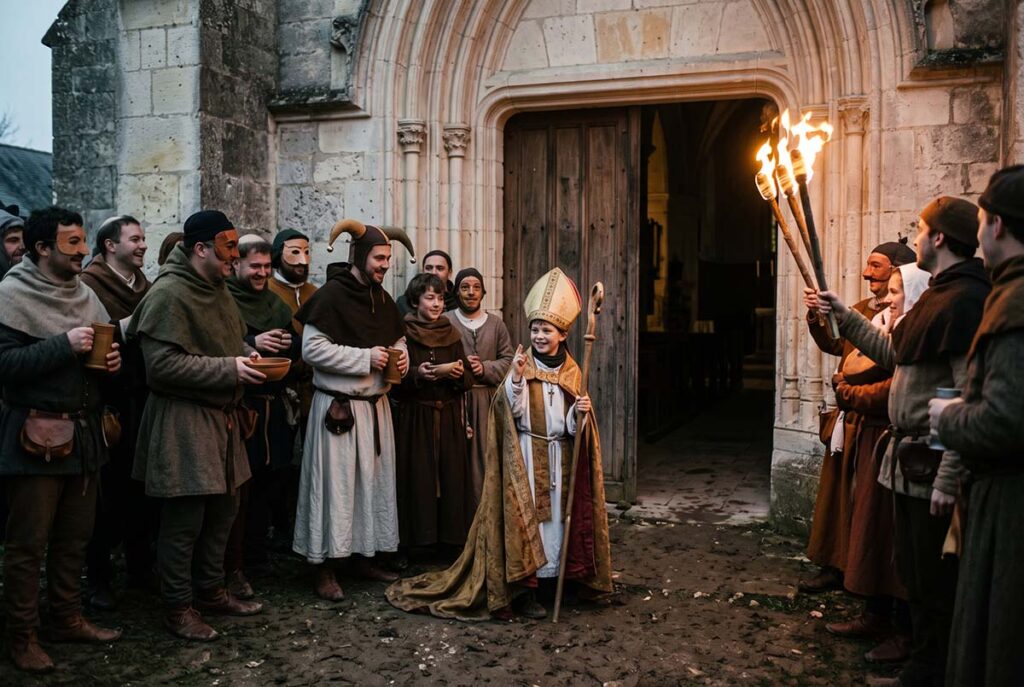 A medieval Feast of Fools outside a church contrasts temporary ritual inversion with structural change inside worship.