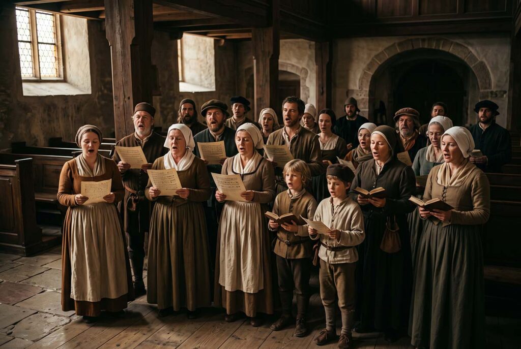 Wittenberg worshippers sing vernacular hymns as Reformation doctrine becomes collective participation