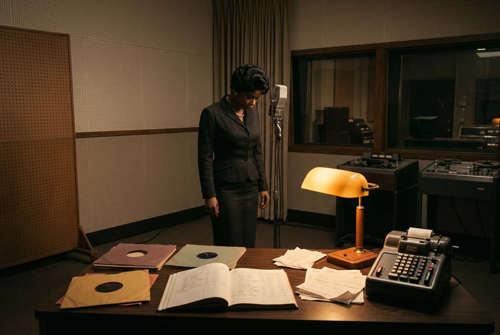 Ruth Brown beside a recording microphone and label ledger, linking R&B success to the economics of Atlantic Records