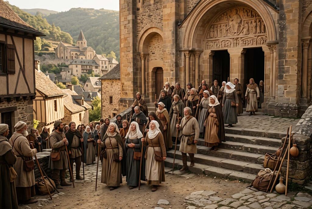 Medieval pilgrims sing and move together at Saint Foy in Conques within an authorized devotional pilgrimage setting.