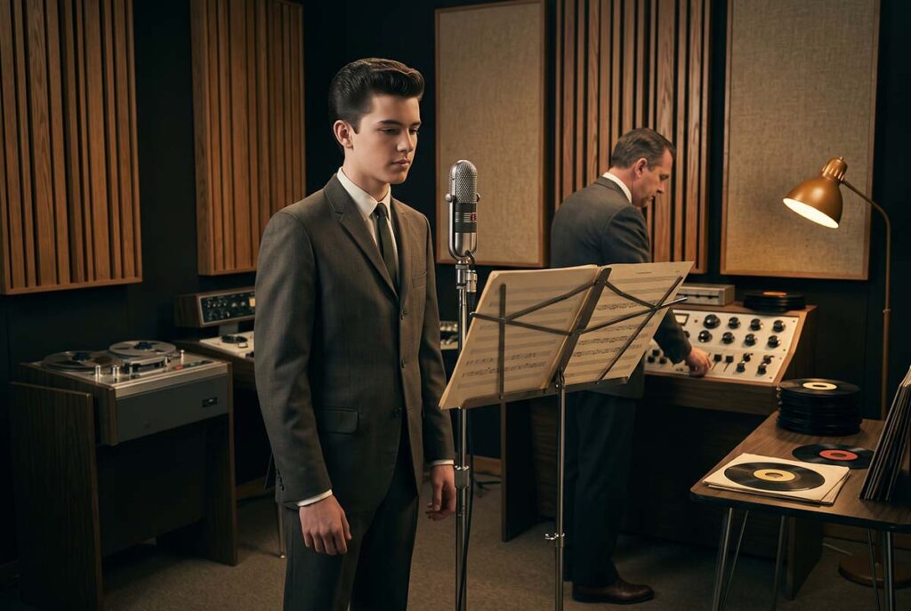 A polished teen idol stands inside an early-1960s studio built to manufacture a manageable youth product.