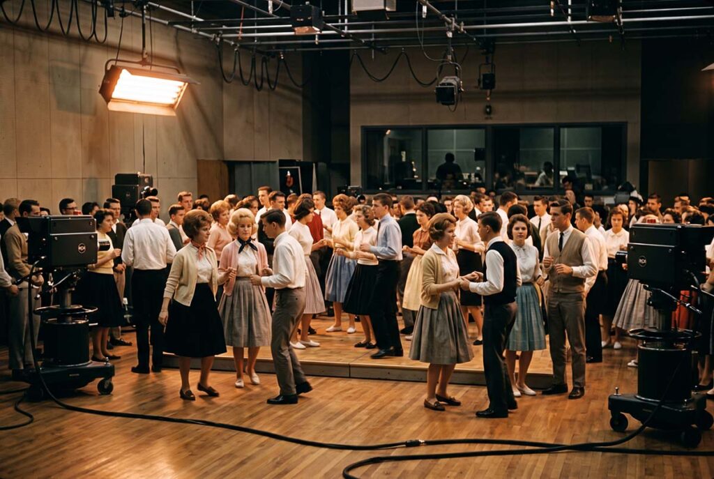 White teenage dancers fill a 1960 American Bandstand studio while cameras frame the managed national audience.