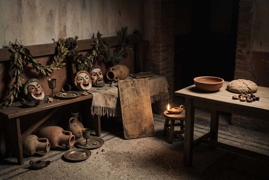 Kalends feast objects and a fasting table share one late Roman room as rival rituals compete for sacred time