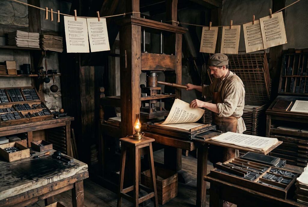 A 1524 Wittenberg print shop produces hymn sheets that help religious songs travel beyond the church