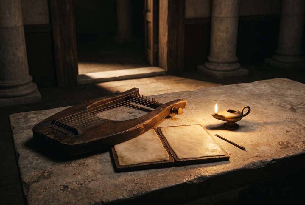 Lyre, wax tablet and civic doorway evoke Republic 424c linking musical change with changes in law.