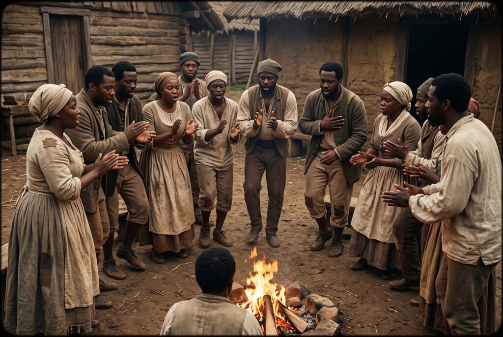 Enslaved people use clapping and bodily rhythm as musical practice continues without a physical drum.
