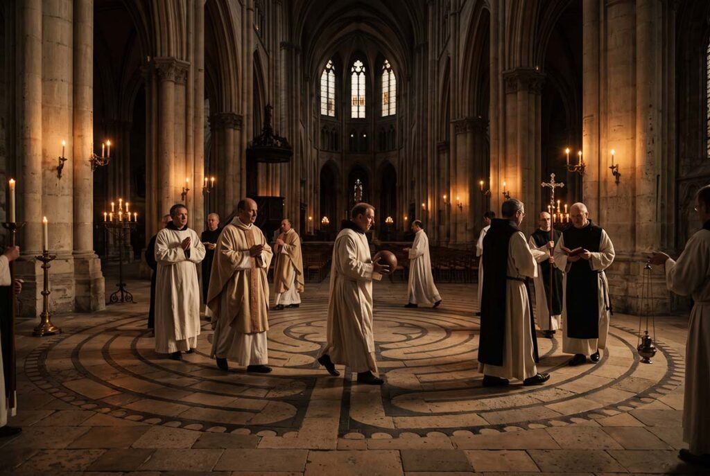 Clergy perform the medieval Pilota ball-dance rite on the labyrinth floor inside Auxerre Cathedral.