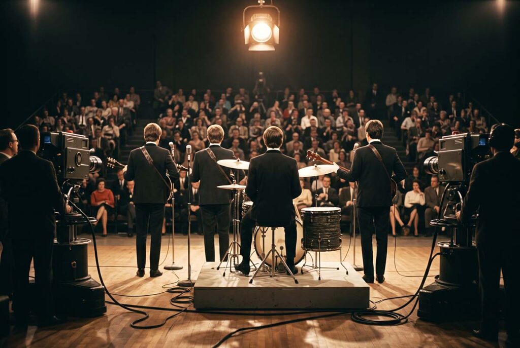 Four British musicians face an American TV audience in February 1964 as the transatlantic music exchange becomes mass culture